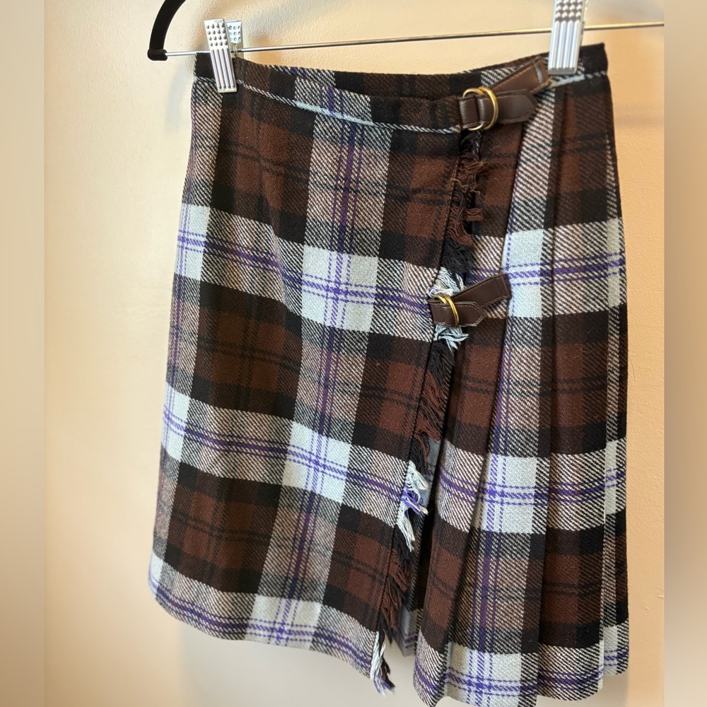Vintage Tartan Brown and Purple Wool Mini Skirt with Buckle Detail
